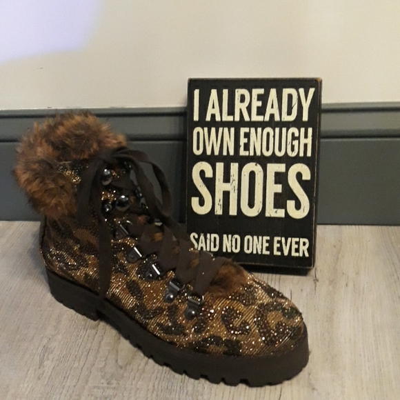 Jessica Simpson Rhinestone Leopard Norina Lace Up Hiking Boots NEW 5.5 Lug Sole - Picture 5 of 8